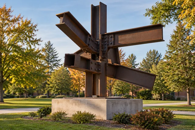 Civil Engineering Steel Sculpture, UMaine — AI-generated editorial illustration