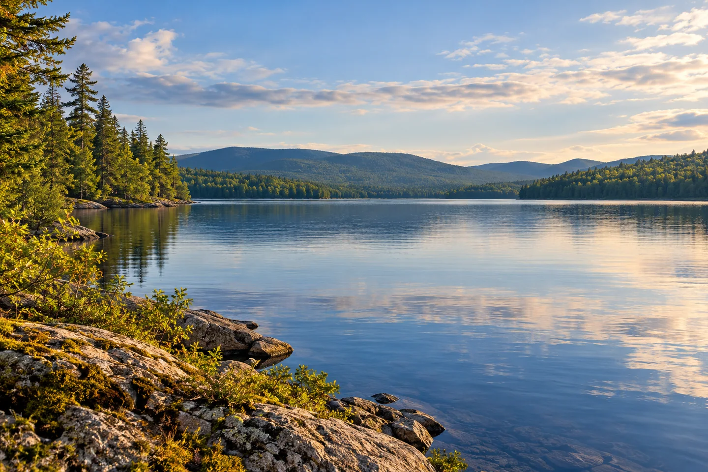 First and Second Musquacook Lakes — AI-generated editorial illustration