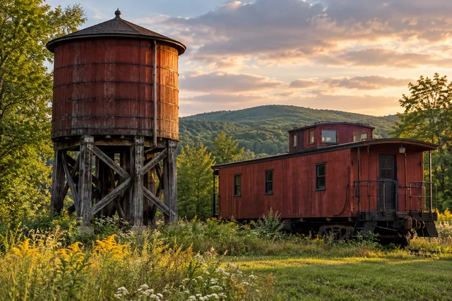 Frenchville Railroad Station, Water Tank and Caboose — AI-generated editorial illustration