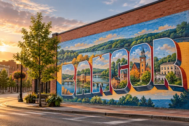 Greetings from Bangor, Maine Mural — AI-generated editorial illustration