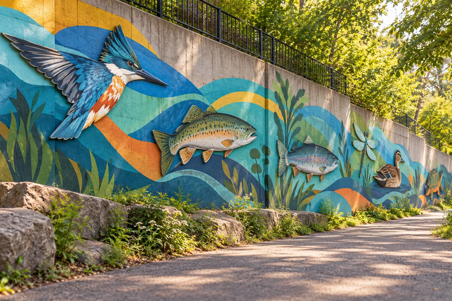 Kenduskeag Stream Trail Mural — AI-generated editorial illustration
